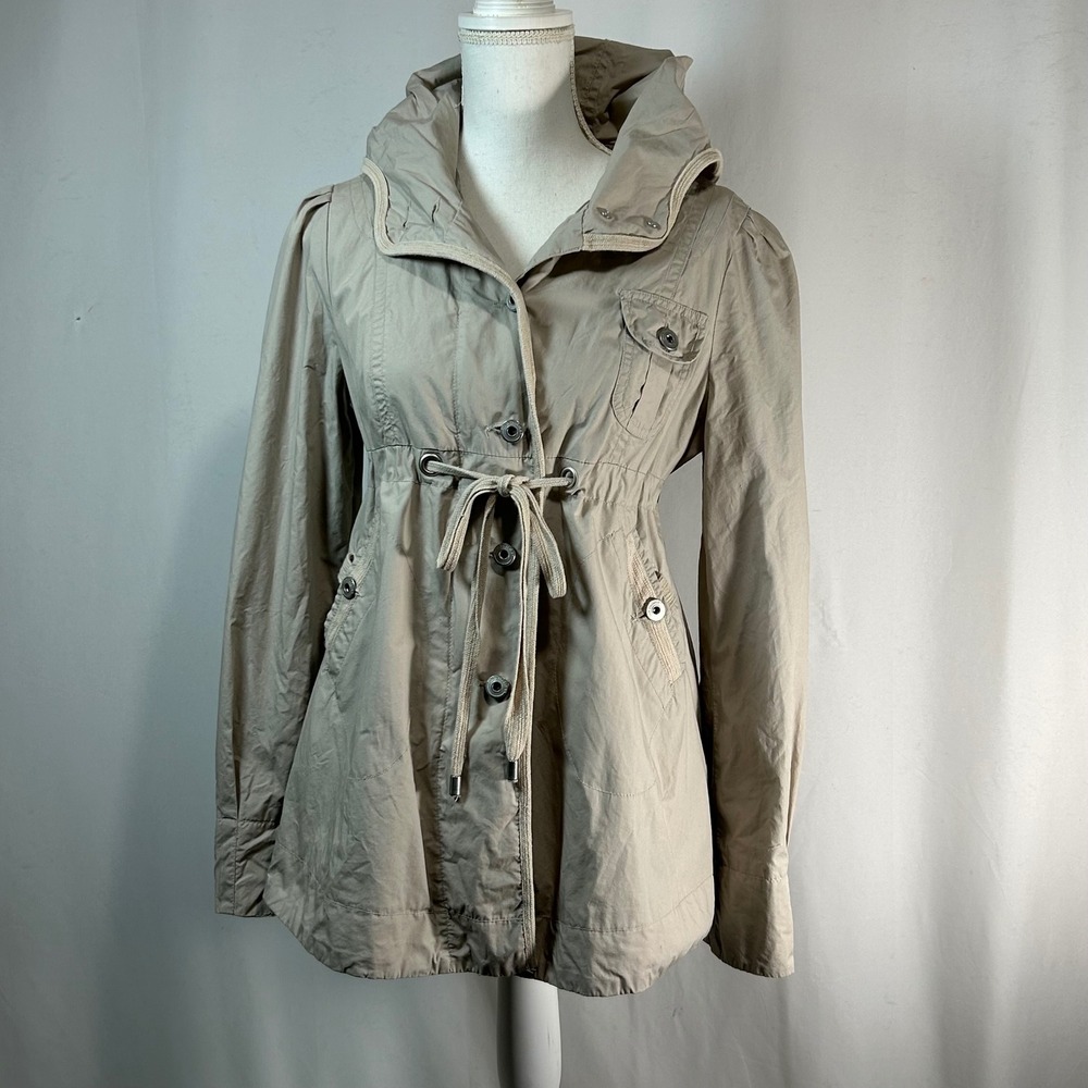 Casual Lightweight Drawstring Hooded Jacket Beige Womens Size Medium